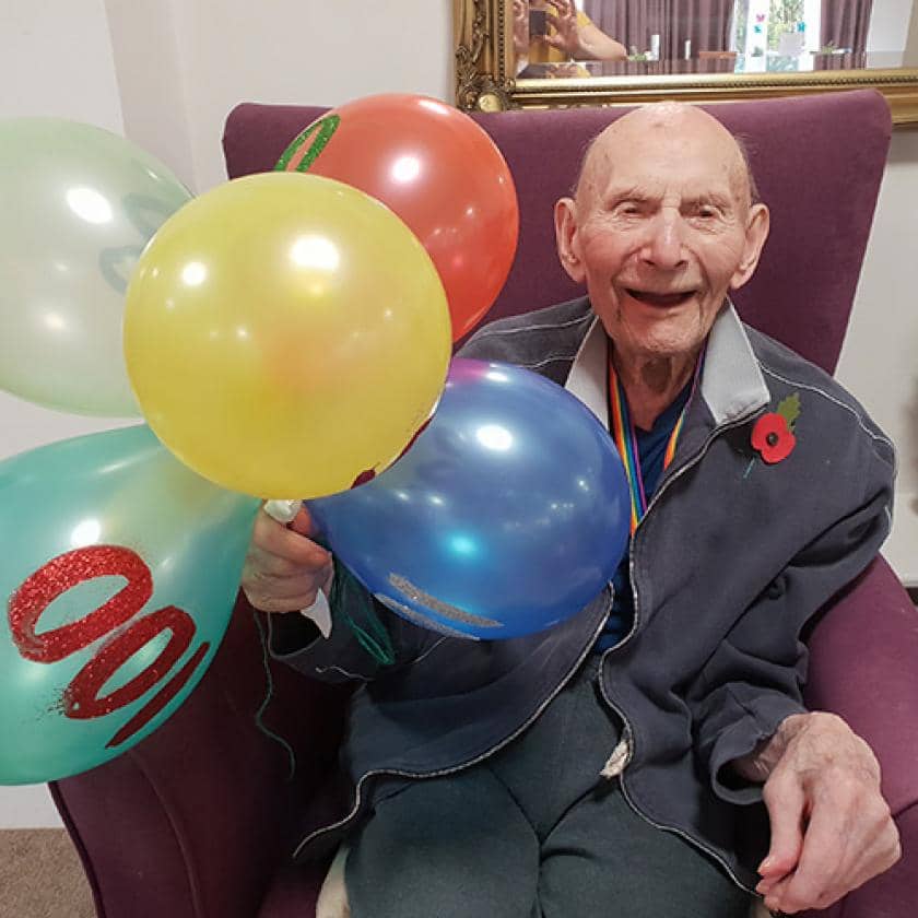 Resident celebrating his 100th birthday at Basingfield Court